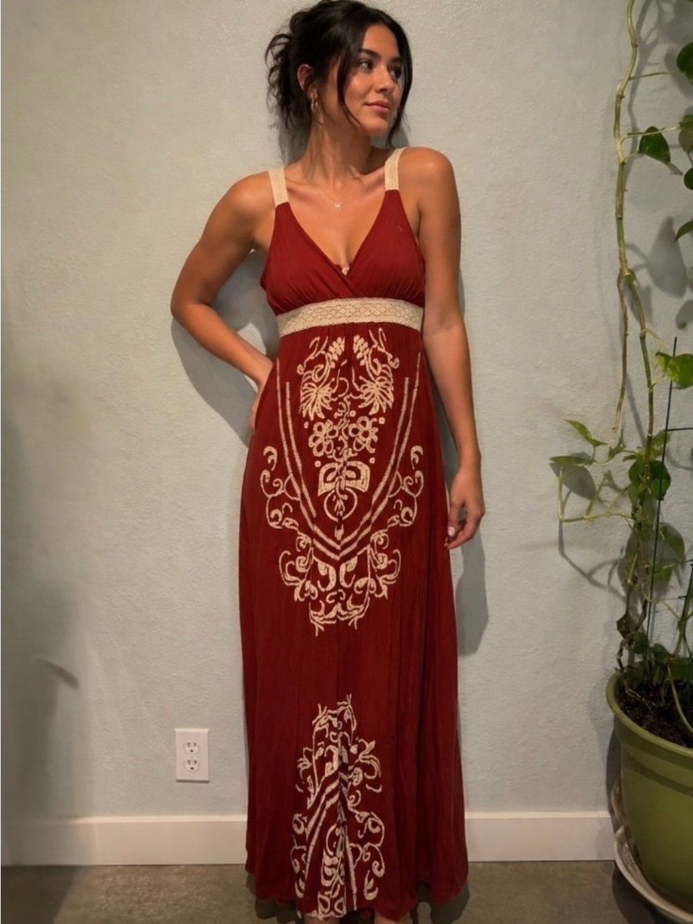 Boho Embroidered Rust Maxi Dress with Cream Accents